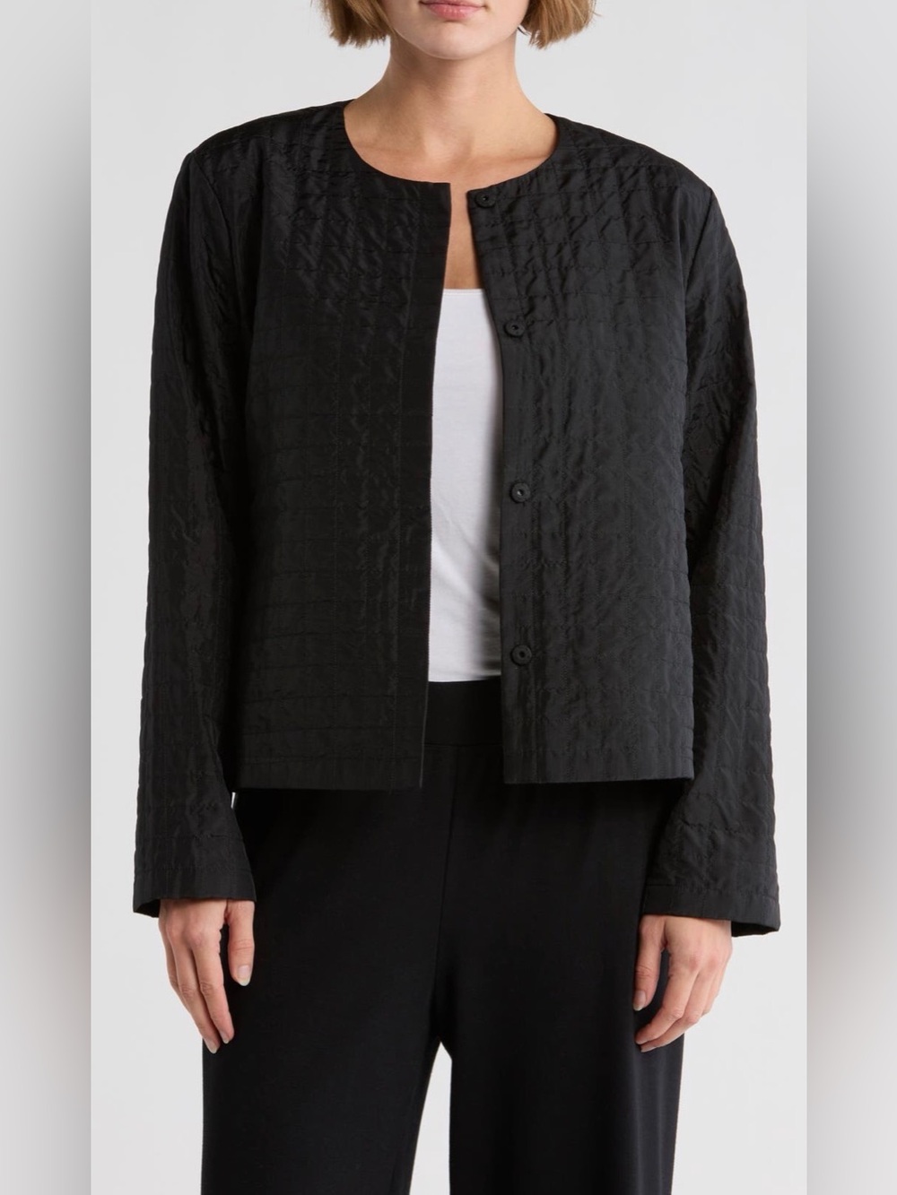 Eileen Fisher Silk Habutai Quilted Round Neck Jacket Black Size Large